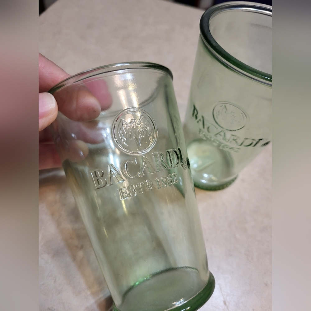 Bacardi Highball Glasses, set of 2 - green glass and purchased in Puerto Rico!